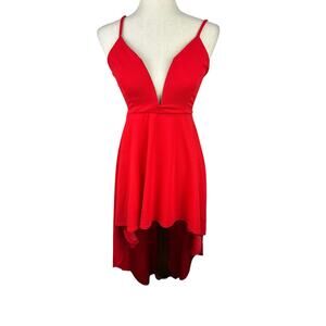 Privy Red High Low Hemline Strappy Cocktail Party Dress Low V Cut Size Small